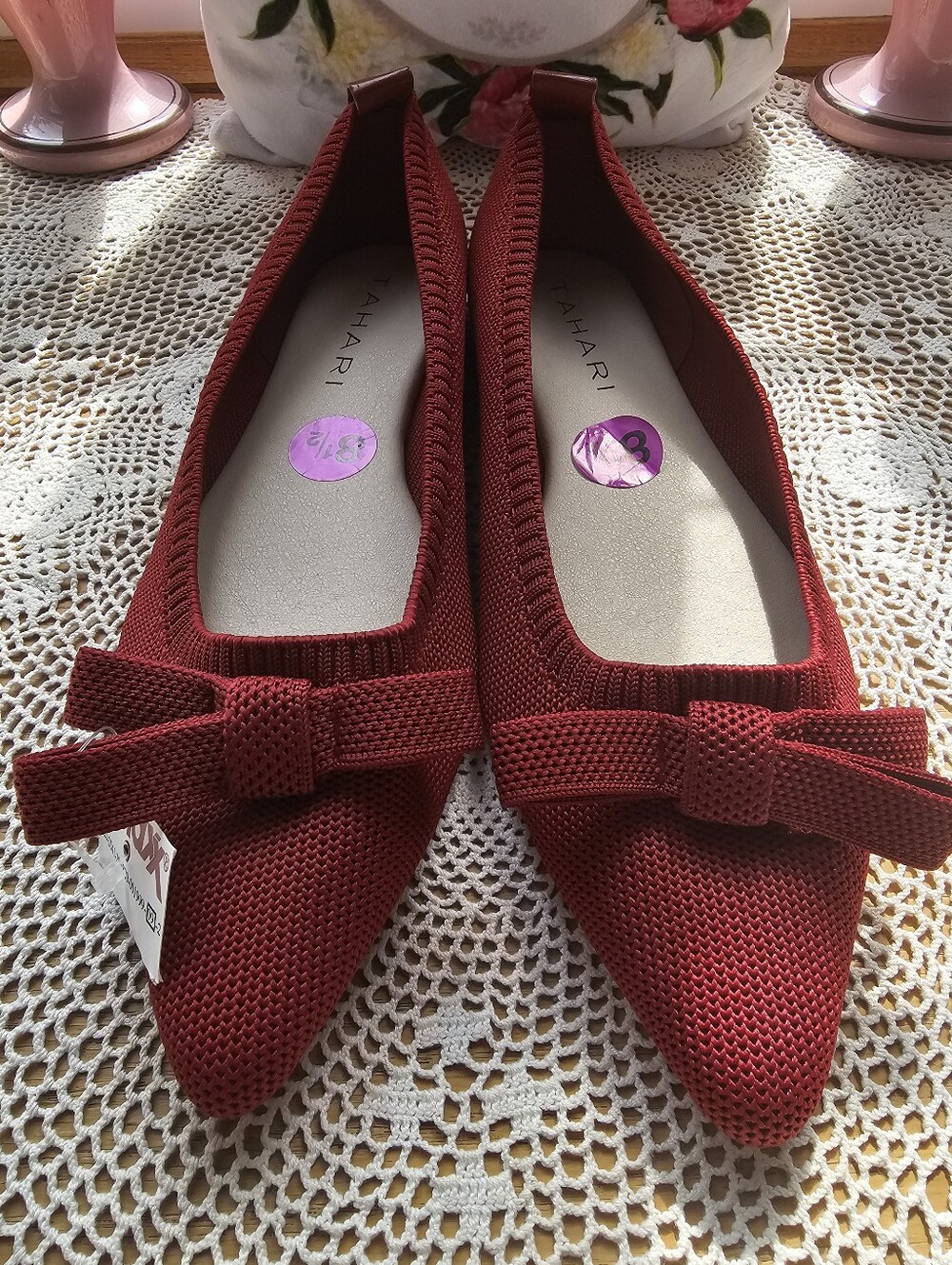 Tahari Women's Red Knit Pointed-Toe Bow Flats 8.5 NEW